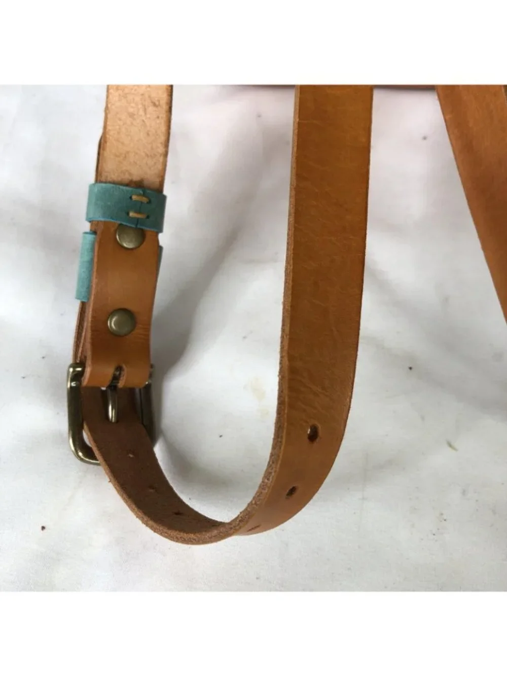 Bespoke Backpack Bag Womens Small Turquoise Brown Leather Boho Drawstring Casual - Picture 12 of 16